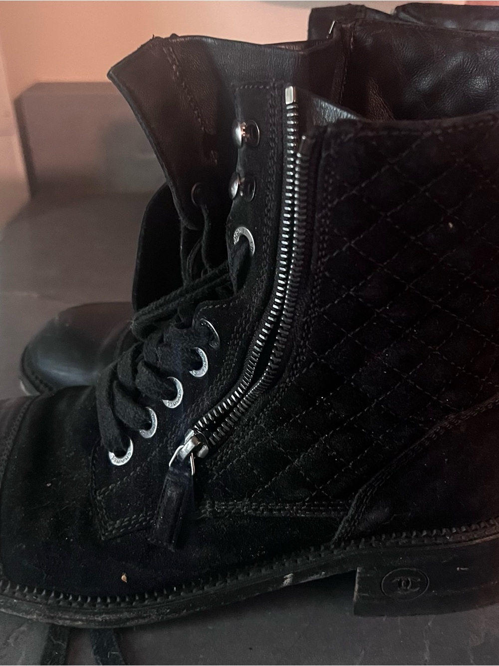 CHANEL Black Leather Ankle Boots with Logo Sole